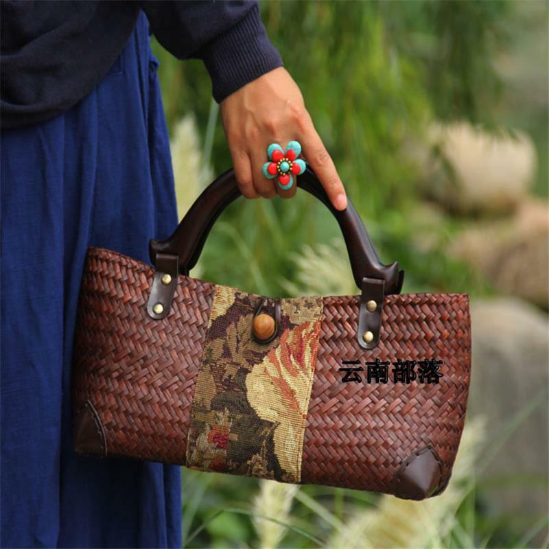 Saco de palha velho artesanal Rattan tecido, punho de madeira, bolsa retro, características originais do estilo chinês, 32x12cm, A6103