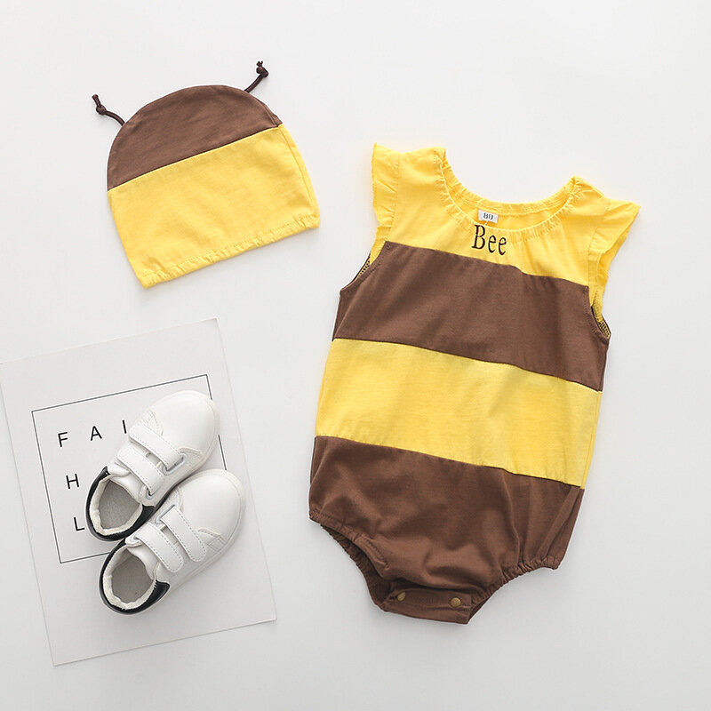 น่ารักใหม่เด็กทารก Rompers ทารกแรกเกิดเด็กวัยหัดเดินเด็กสาวฤดูร้อนเสื้อผ้าผ้าฝ้าย Romper Jumpsuit + หมวกชุด