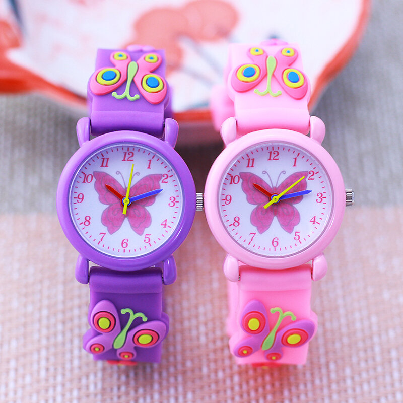 Butterfly Silicone Strap Watches for Girls, lindos relógios para estudantes, crianças pequenas, resistente à água, rosa, 5 cores, moda, 2024