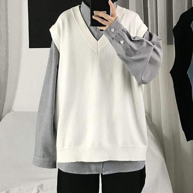 Men Sweater V Neck Solid Color Sleeveless All Match Spring Sweater for School