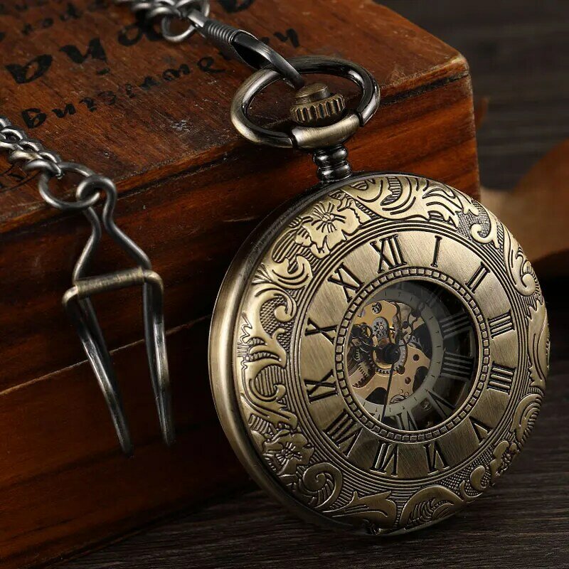 Reloj de bolsillo mecánico con cubierta de doble cara para hombre, reloj de bolsillo masculino, clásico, con diseño de esqueleto Steampunk hueco, a mano