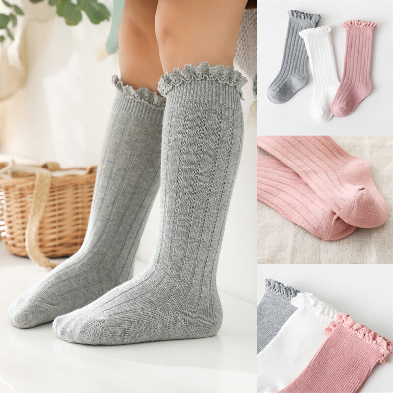 Calcetines largos hasta la rodilla con volantes para niñas pequeñas, calcetín de algodón suave, encaje de flores, 0 a 5 años
