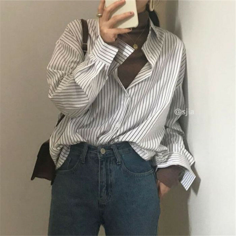 Blusa holgada informal de manga larga para mujer, camisa blanca y negra Simple, talla grande, otoño, primavera y verano, 2021