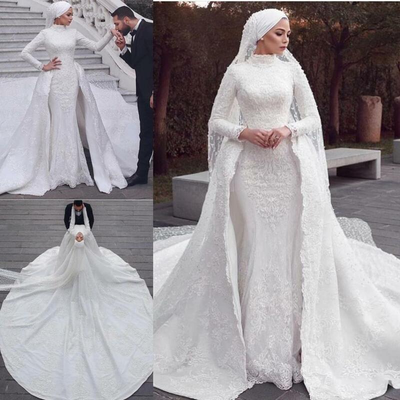 Modestos vestidos de novia de sirena musulmana con tren desmontable, apliques de encaje, sobrefalda, vestidos de novia, Hijab, tren de corte, bata Vintage