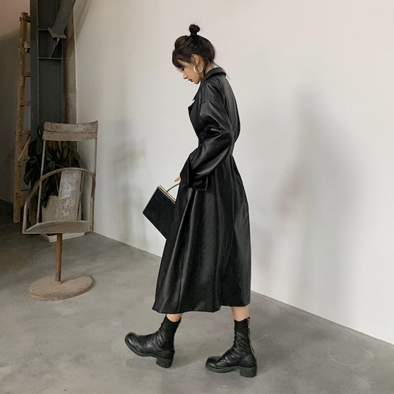 Lautaro-gabardina larga de cuero de gran tamaño para mujer, abrigo holgado de manga larga con solapa, ropa de calle elegante, color negro, otoño