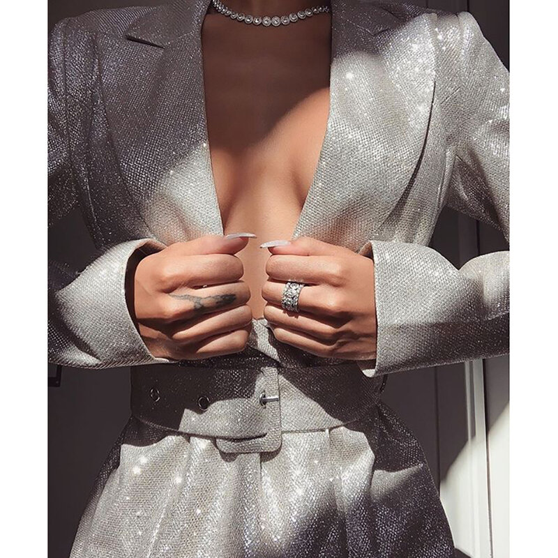 Traje de lentejuelas de plata Sexy con cuello en V cintura baja chaqueta de mujer delgada sólida cuerpo completo trabajo Mini vestido Formal mujer chaqueta femenina