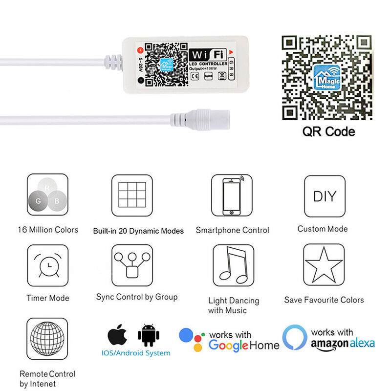 Bande LED RGB/RGBW, 5/12/24V, Wi-Fi, contrôleur pour Android/iOS, compatible Bluetooth, contrôle IR pour maison magique
