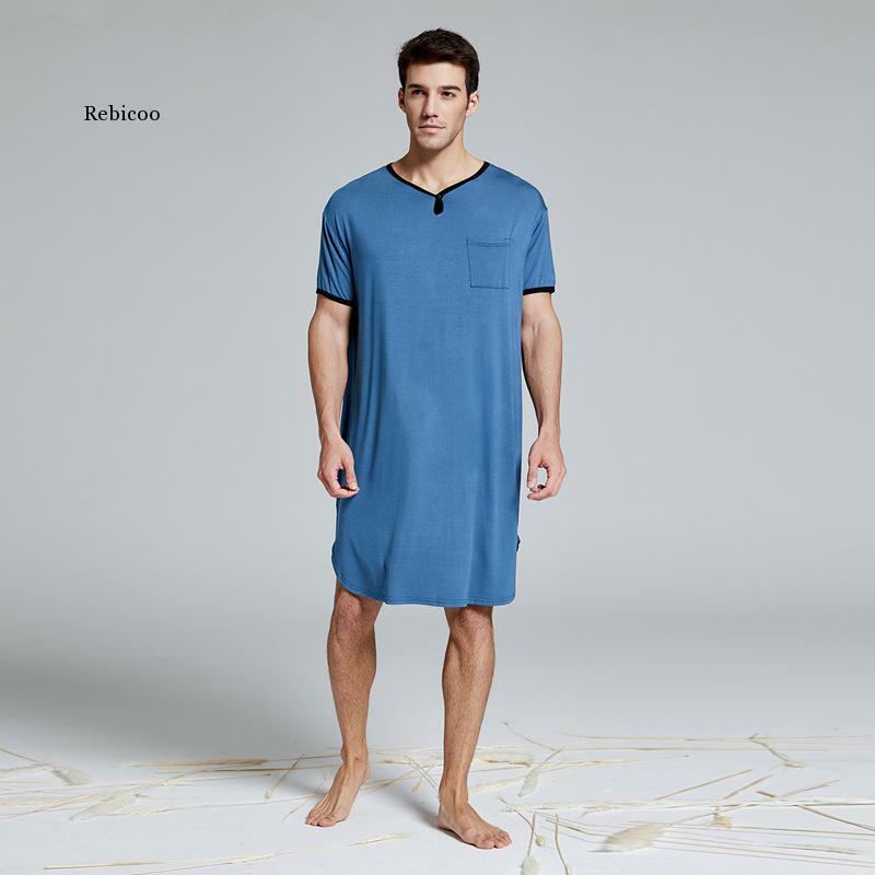 Men Sleepwear Long Nightshirt Short Sleeve Nightwear Night Shirt Soft Comfortable Loose Sleep Shirt Male Home Clothing