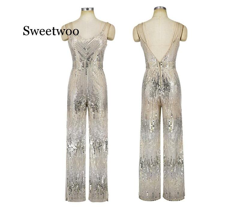 Sexy Sequined jumpsuit Tube top Strapless shoulder Split Casual jumpsuits Mesh Perspective Sling Sexy Rompers