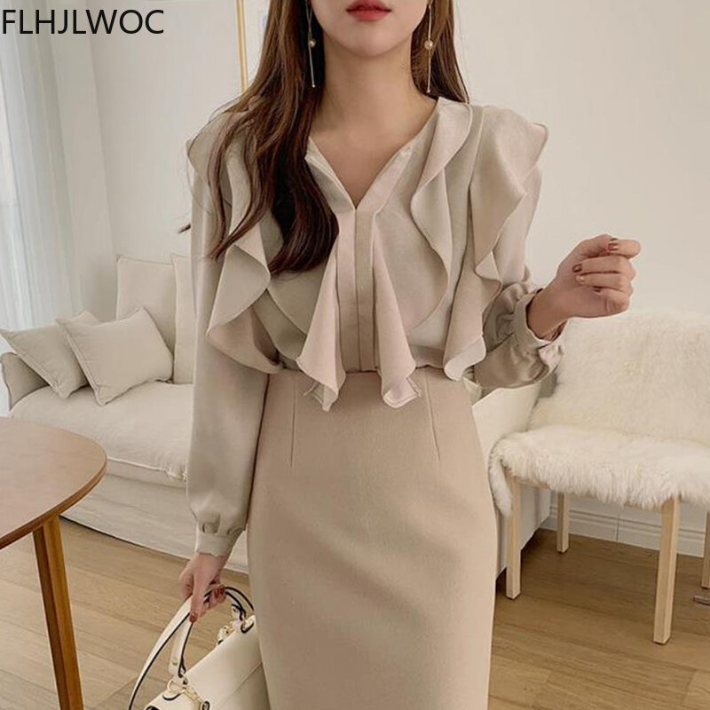 2021 Mode Wanita Korea Chic Atasan Blus Wanita Lengan Panjang Elegan Pakaian Dasar Kantor Wanita Kerja Kemeja Dasi Kupu-kupu Blus