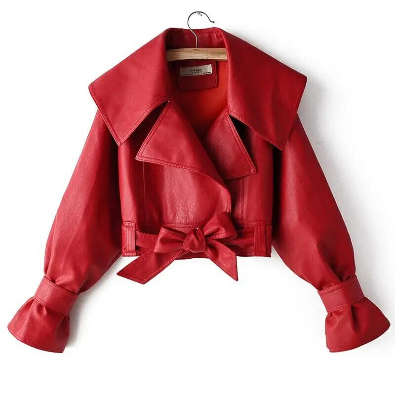 Jaket kulit pendek Faux untuk wanita, mantel kerah Turndown kulit lembut musim gugur, mantel pengendara sepeda motor longgar warna hitam merah
