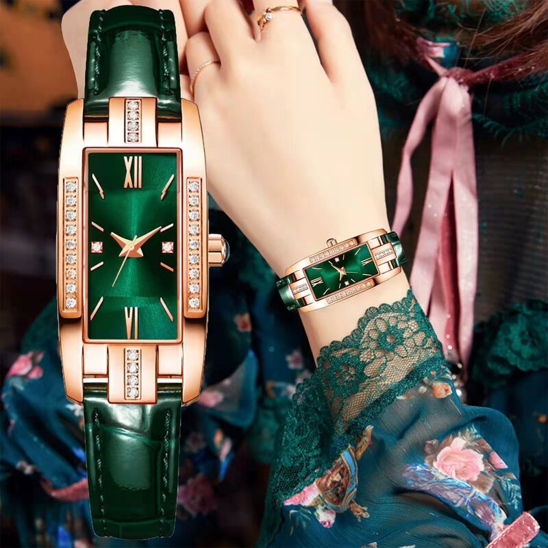 Wokai-女性のための高品質のクラシックなレトロクォーツ時計,緑のスクエア,学生のための高級時計,スタイリッシュ