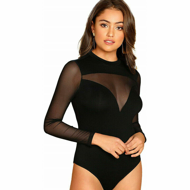 Female Playsuit New Fashion Sheer Mesh Black Color Spring Long Sleeves Jumosuit Womenn Casual Leotard Bodycon Rompers Bodysuit