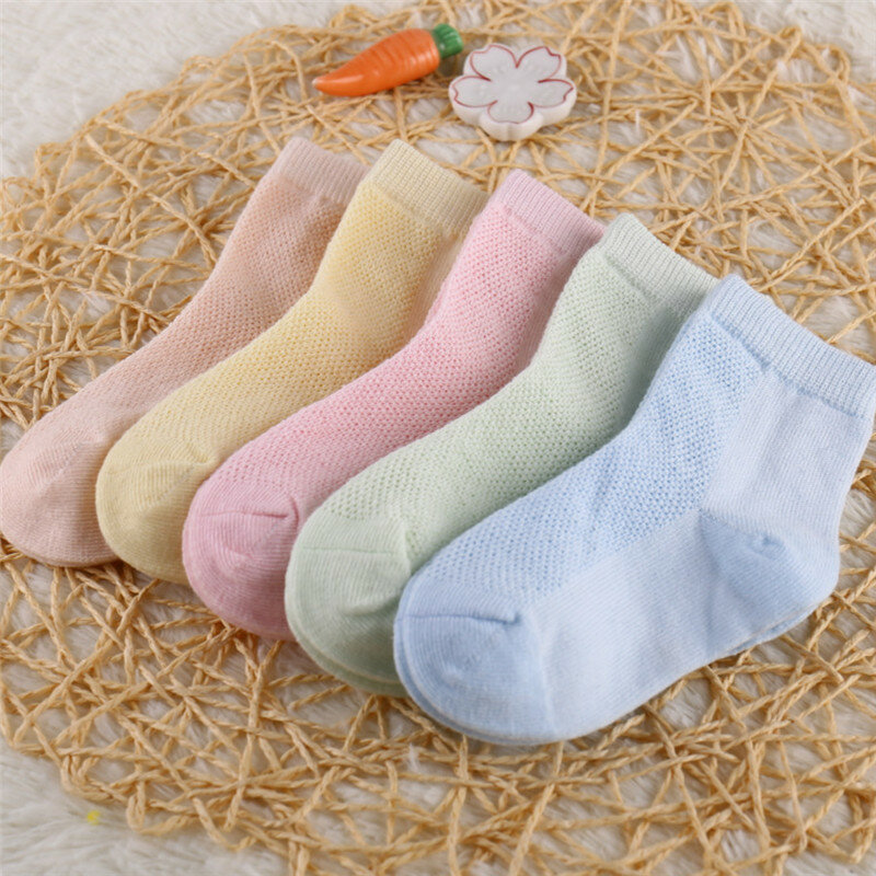 5 par/lote de calcetines de algodón para niños niñas y bebés calcetines ultrafinos de moda transpirables de malla sólida para verano 1-12T adolescentes y niños