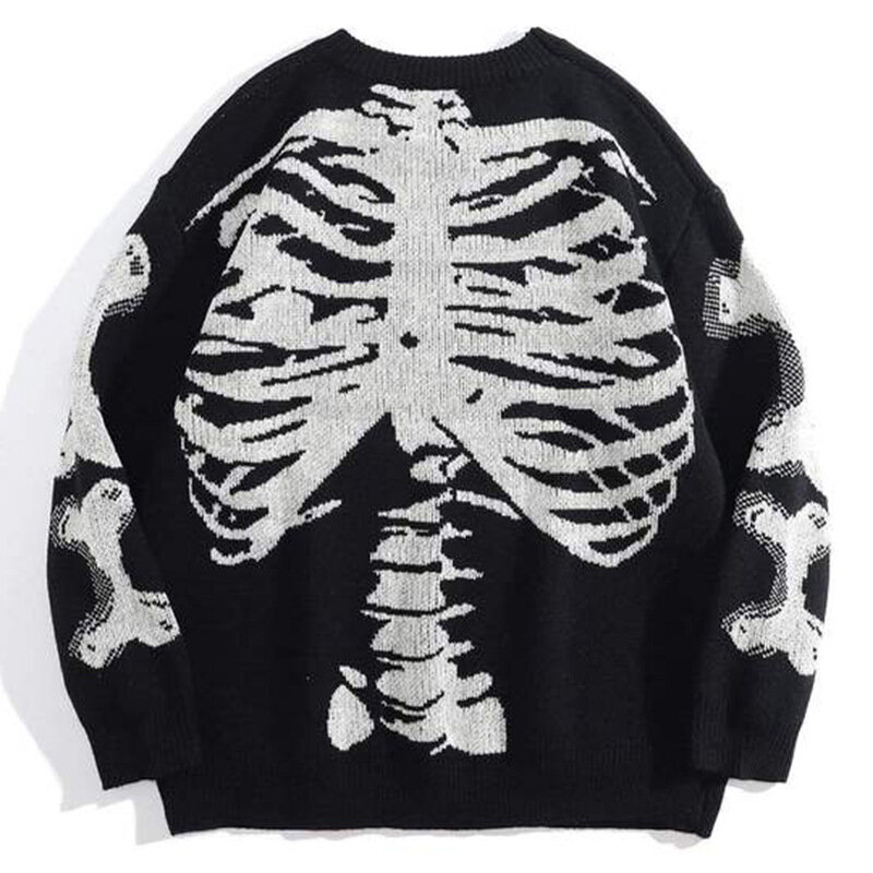 2021 jesień pulower bawełniany Unisex nadwymiarowy sweter męski czarny luźny szkielet nadruk w kości kobiety Vintage Retro sweter z dzianiny