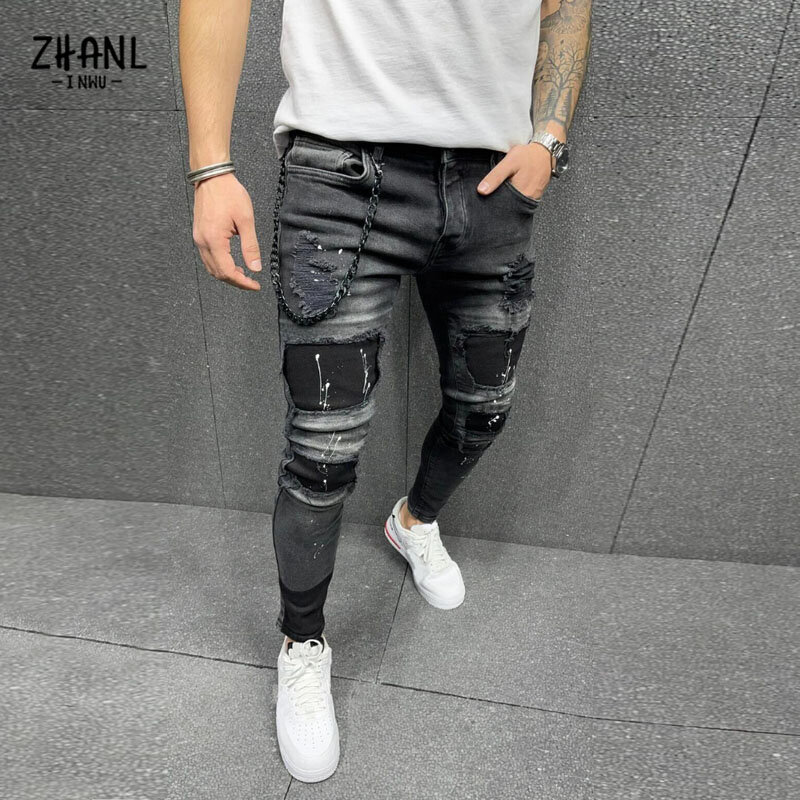 Spring Autumn Men's Ripped Jeans Male Patchwork High Quality Black Casual Pants Beggar Version Biker Slim Fit Hip Hop jean homme