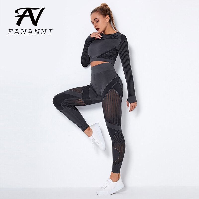 Traje de Yoga de dos piezas de manga larga para mujer, ropa de Yoga sin costuras, pantalones deportivos para correr