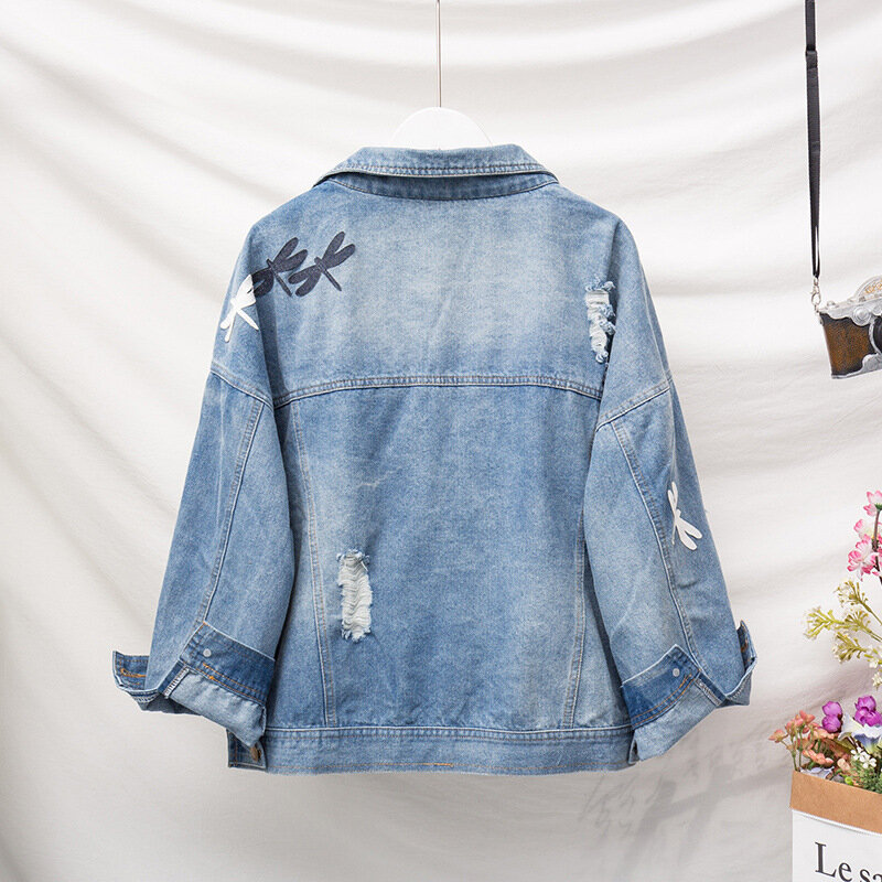 Frauen Denim Jacke Plus Größe Lose Dünne Abschnitt Mode Aufkleber Stickerei Muster Revers Blau Sommer Denim Mantel 5XL Veste Femme