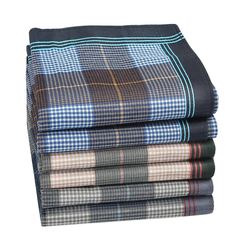 6/12PCs Men's Handkerchief Cotton Square Dark Grid Mixed Tri-Color Classic Vintage Business Checked  Multicolor Gentleman Pocket