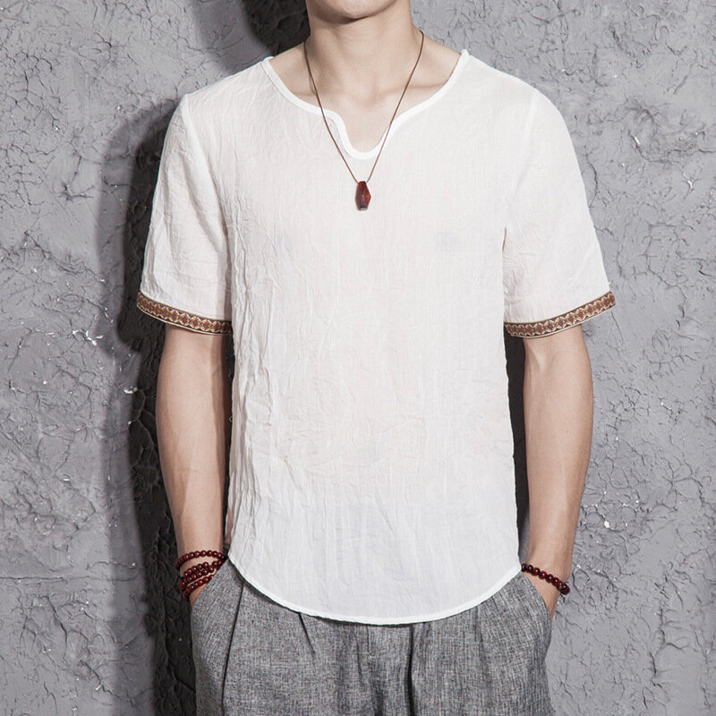 Camiseta holgada de manga corta para hombre, camisa Retro fina de lino de estilo chino, de talla grande, de verano, nueva