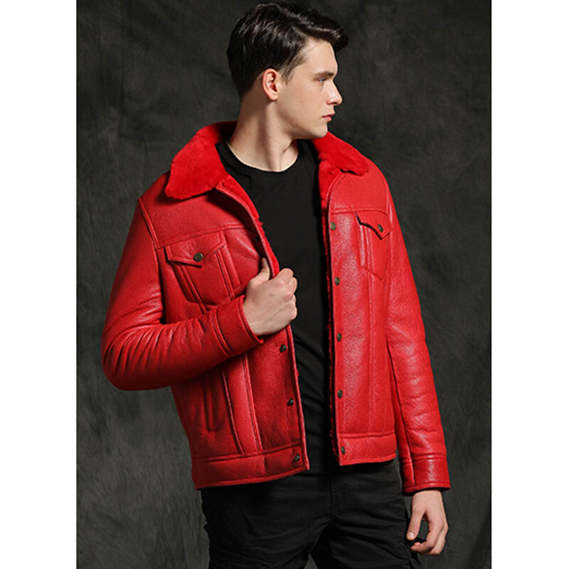 Men Red Sheepskin Fur Shearling Jackets Slim Winter Thicken Warm Soft Natural Sheepskin Leather Genuine Coats