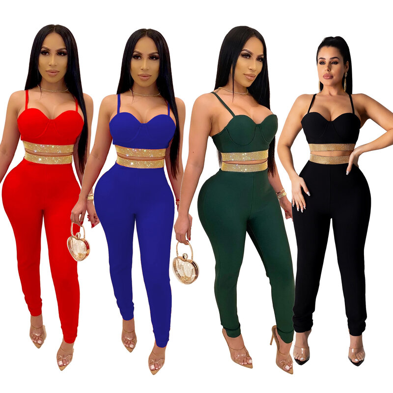 Sexy Off Shoulder Women Suit Diamond Pullover Strapless  Bodycon Outfit Tracksuit Women Party Night Clubwear Outfit Women Set