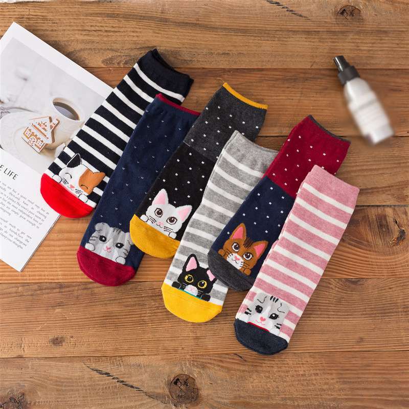1 Pairs Cotton Soft Cartoon Cute Cat Striped Mid-calf Socks for Women Girls