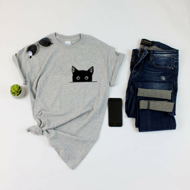 プリントなしの素敵な猫のTシャツ,ポケット付きの子猫のトイレ,猫のギフト,綿100%,半袖,oネック