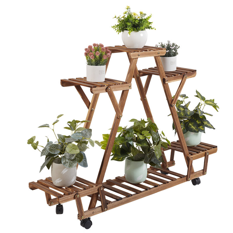 Estante Triangular para plantas, soporte de madera carbonizada con ruedas para jardín, 6 Macetas
