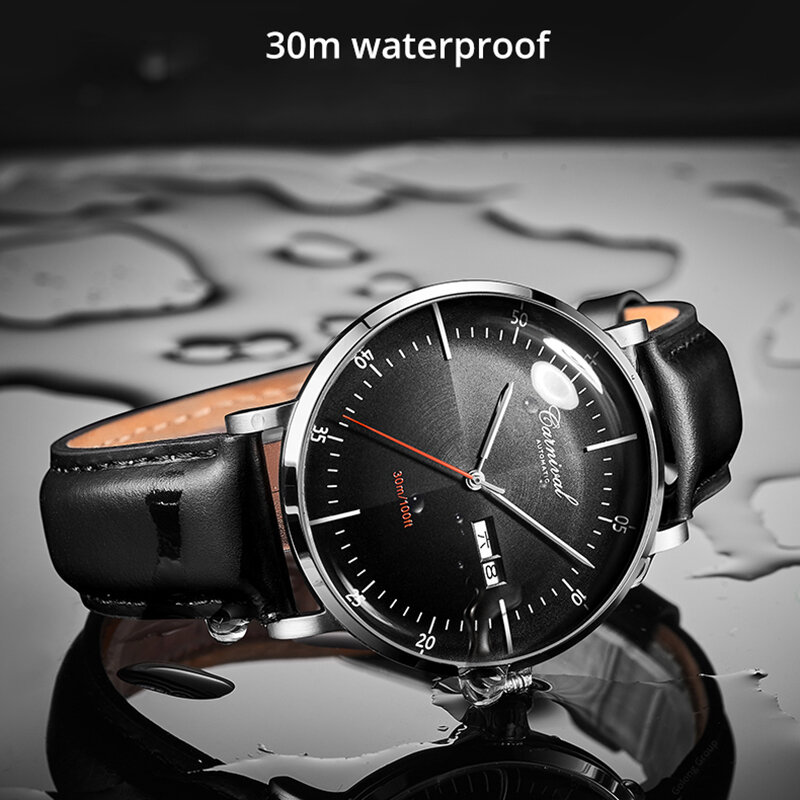 Relógio automático masculino, pulseira de couro à prova d'água com calendário e movimento