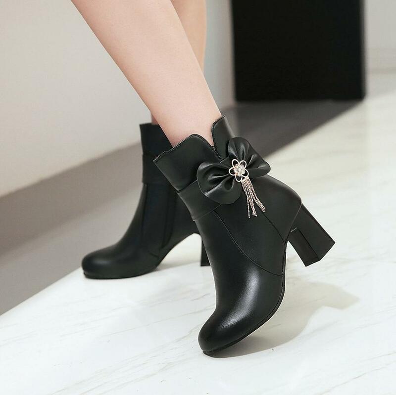 European style contracted ankle boots women Round headtoe autumn Winter high heels zip shoes Thick heel fashion boot botas mujer