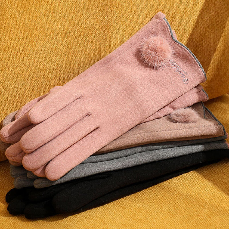 여성 겨울 따뜻한 터치 스크린 스웨이드 비 슬립 웨어러블 야외 사이클링 드라이브 Thicken Plus Velvet Hairball Elasticity Gloves
