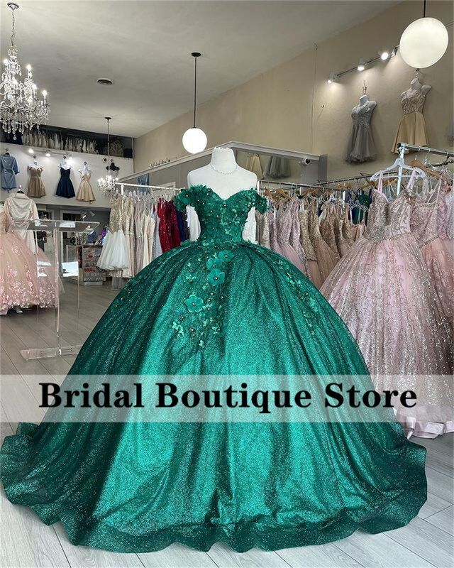 Vestidos Quinceanera verde esmeralda de luxo, vestido de baile, apliques florais, cristal, renda, Sweet 16, festa de aniversário personalizada, 2024