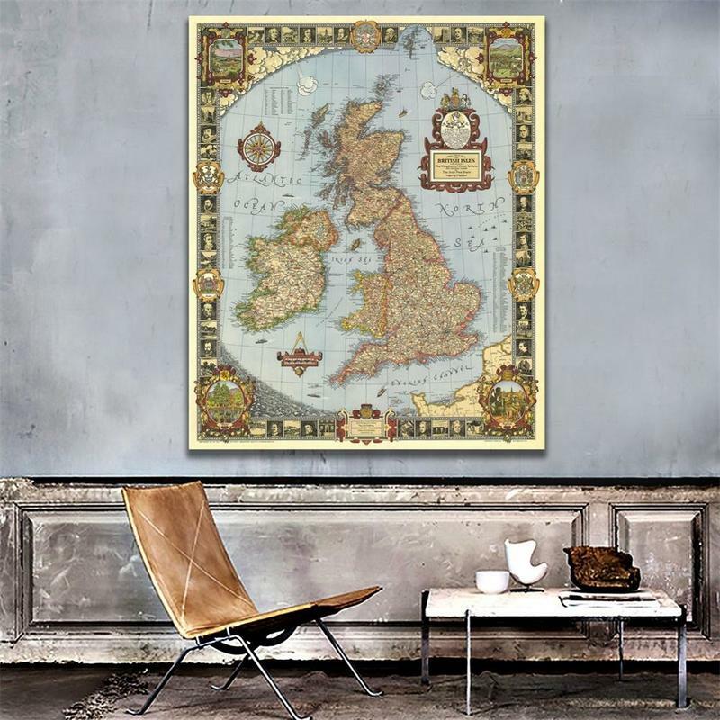 Винтажная карта Соединенного Королевства, Нетканая карта Великобритании, карта без запаха для исследований и настенного декора, 1937