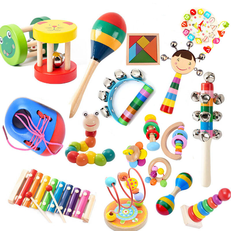 Sonajero de madera Montessori para bebé, sonajero Musical educativo para recién nacido, martillo de arena, campana de mano, 0-12 meses