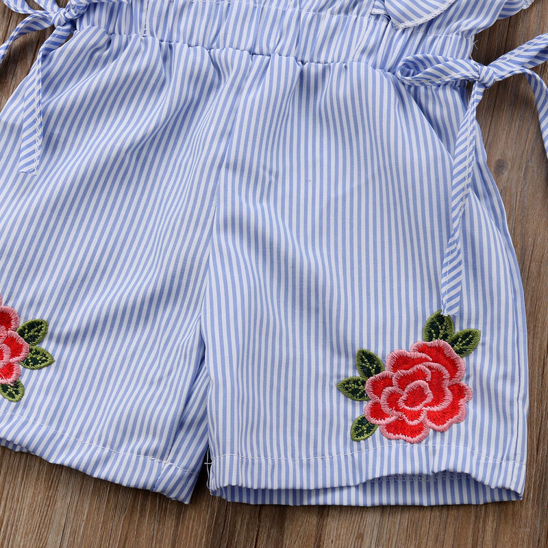 เด็กวัยหัดเดินเด็กผู้หญิงดอกไม้ Stripe Ruffle Romper ชุดจั๊มพ์สูทเสื้อผ้า