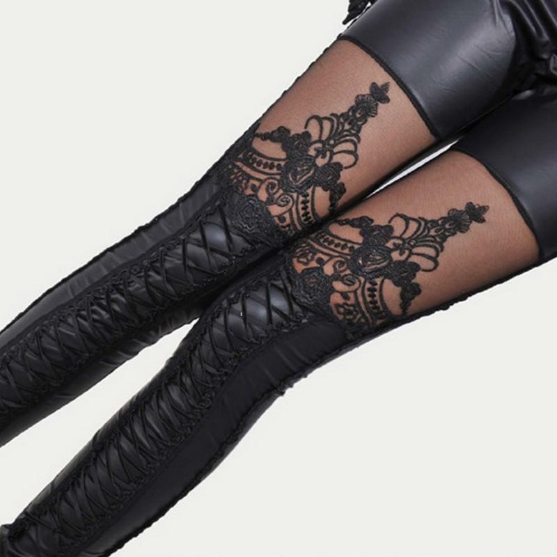 Stilvolle Sexy Frauen Faux Leder Gothic Punk Leggings Hosen Spitze Dünne Neun-punkt Hosen Leder Hosen Gürtel Nachahmung A2E9