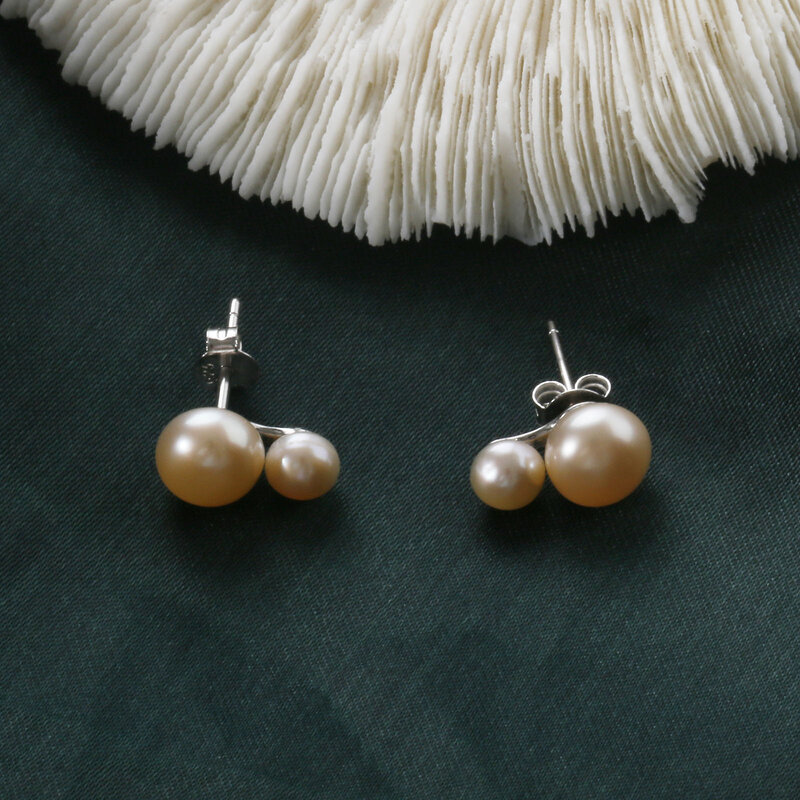 Pendientes de perlas de agua dulce para mujer, aretes de tuerca de Plata de Ley 925, pendientes de dos perlas, joyería fina de moda, regalo para niña