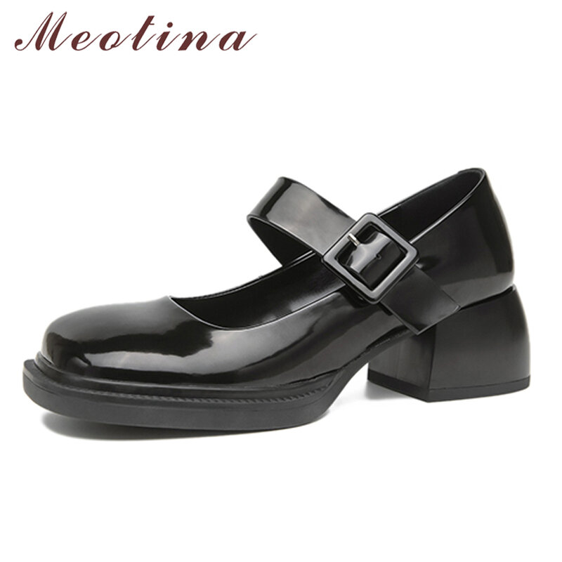 Meotina – escarpins à talons épais pour femmes, chaussures en cuir de vache verni, Mary Janes, boucle à plateforme, chaussures à talons hauts, printemps, noir, 40