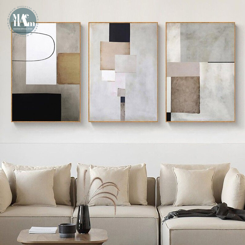Pintura de lienzo de arte de pared minimalista moderno, póster de línea de bloque de color cálido abstracto, impresión de imagen de pared para decoración de sala de estar