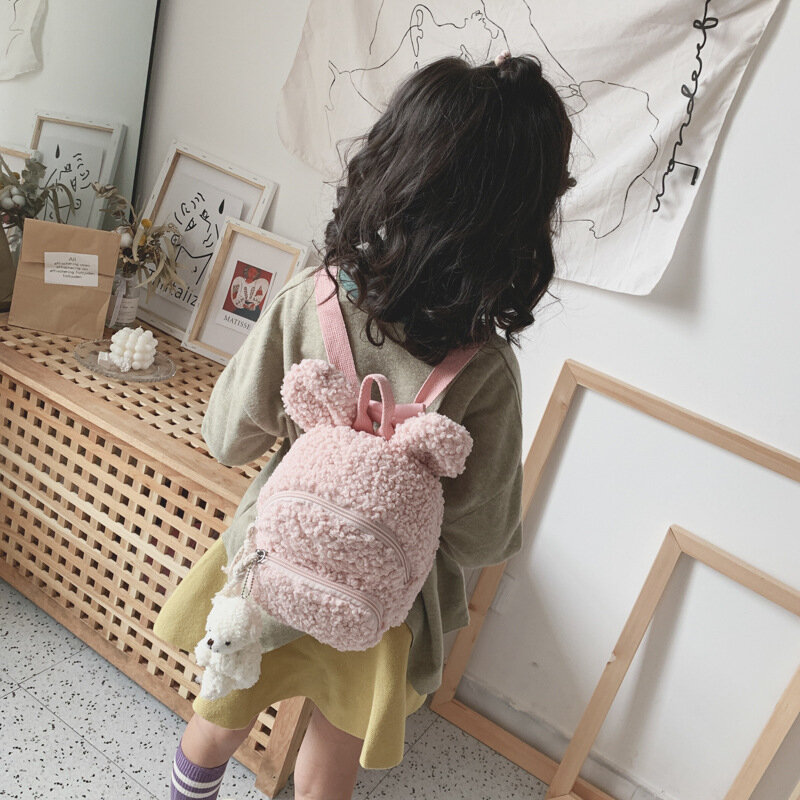 幼児用の豪華なバックパック,かわいいウサギの耳が付いた幼稚園のランドセル,冬の暖かいフリースデイパック,男の子と女の子のための屋外旅行バッグ