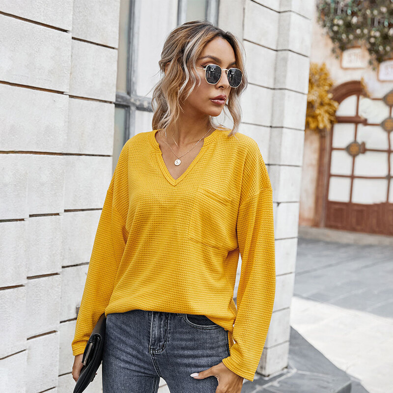 Diiwii Autumn And Winter  Long SleeveWomen Clothes Casual  Soild Color T Shirt V Neck Spring Fashion Lady Tops