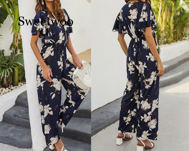 Female Casual Loose Sleeveless Rompers High Waist Long Jumpsuit Women's Floral Print Loose Wide Leg Pants