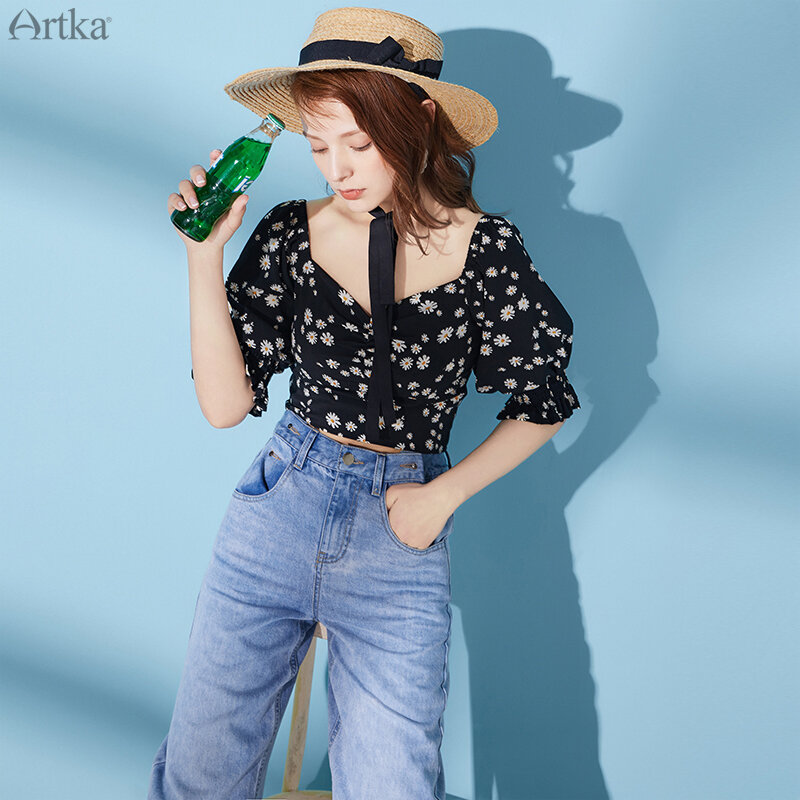 ARTKA 여성용 빈티지 반팔 크롭탑 블라우스, 우아한 꽃 프린트 시폰 셔츠, 리틀 데이지 시리즈, SA20208X, 2020 여름 신상