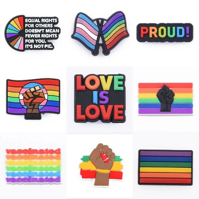 Dijes de zapatos de PVC para adultos, 1 piezas, Bandera de arcoíris, decoración de zapatos, LGBT, pulsera orgulloso, accesorios de paz, amor es amor
