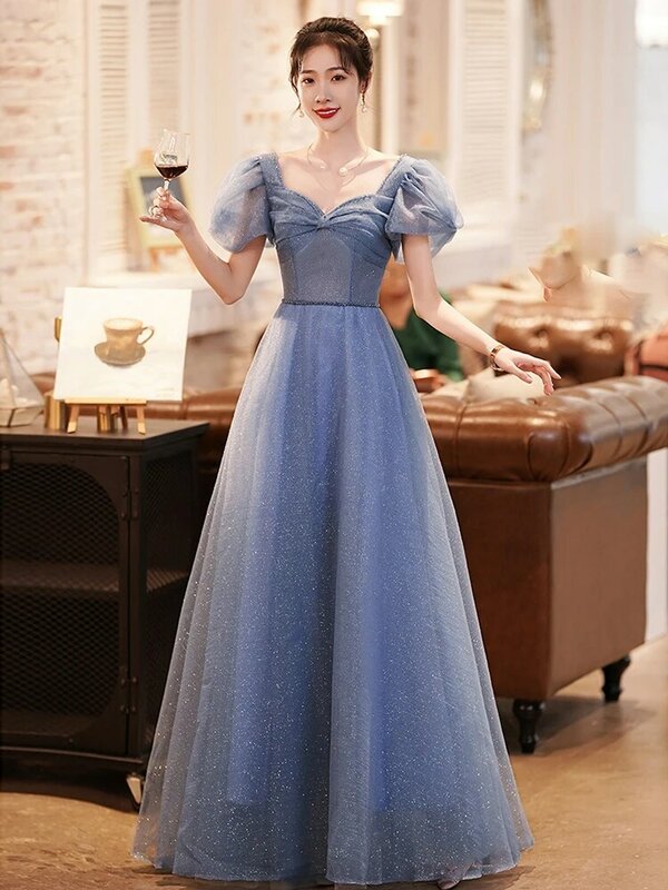 パフスリーブの青いイブニングドレス,エレガントなシングルバックのイブニングドレス