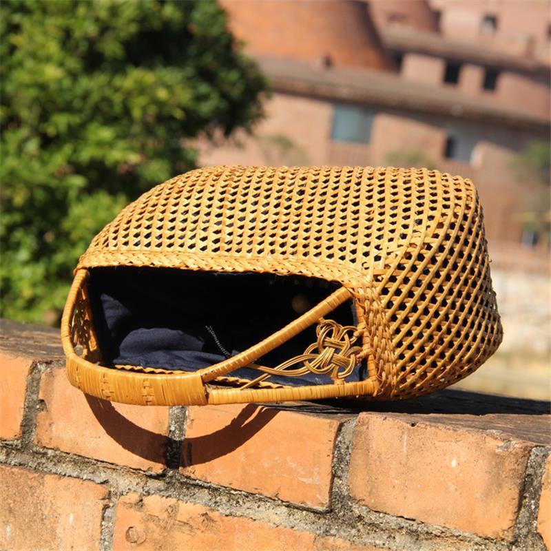 Bolso de bambú tejido para mujer, bolsa redonda de 20x15CM, cesta de playa de paja, a6103