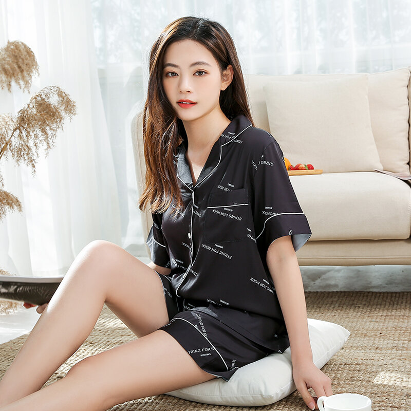 2021 New Summer Ice Silk pigiama Set per donna lettera pigiama Sleepwear Suit salotto femminile abiti per la casa estate raso di seta Pijama