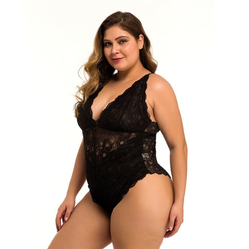 Plus Size Lace Strappy Bodysuit Sexy Backless Jumpsuit Female Body Mesh Sheer Lace Cut-Out Teddy Push Up Bodysuits Babydoll #W