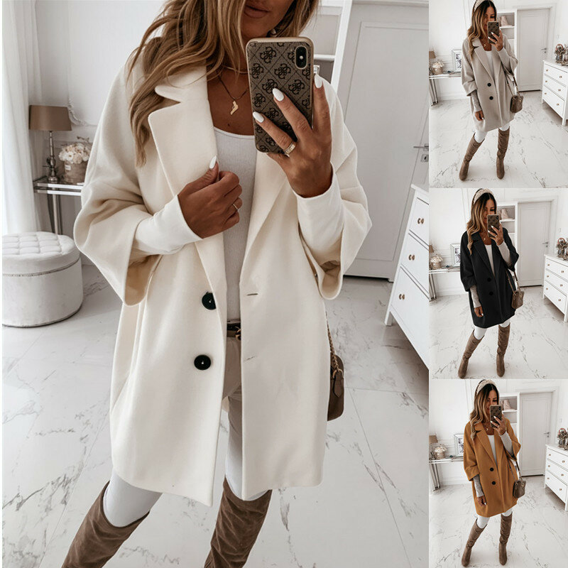 Женское осеннее тонкое пальто 2021 Зима, теплая верхняя одежда с длинным рукавом и отложным воротником, женские куртки, повседневное однотонн...
